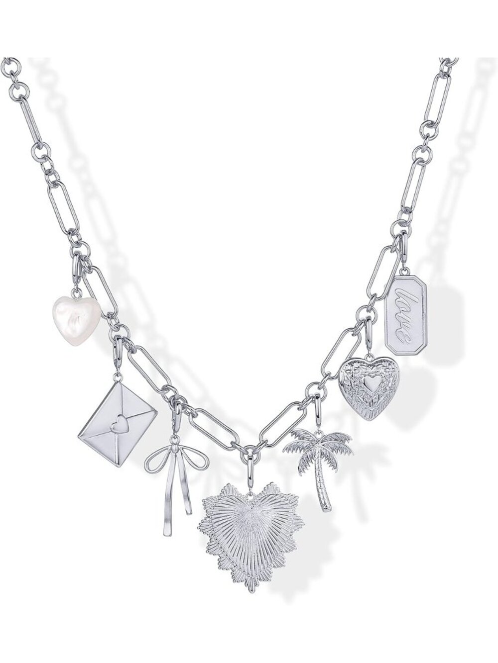 Women’s White Gold 14k Gold Plated Charm Chunky Paperclip Heart Bow Necklace